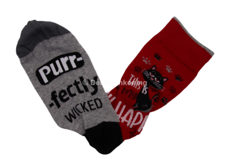 Meia Mania Sokken Kat 'Grumpy' &ndash; Rood &amp; Grijs &ndash; Maat 35/38