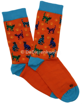 Meia Mania Sokken met Katten &ndash; Oranje &amp; Lichtblauw &ndash; Maat 43/46