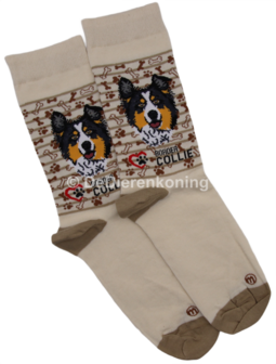 Meia Mania Sokken met Border Collie &ndash; Beige/Bruin &ndash; Maat 35/38