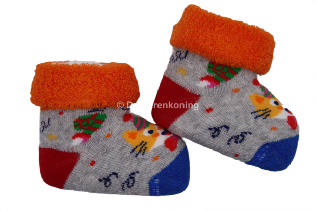 Meia Mania Babysokjes met Kat &ndash; Grijs, Blauw & Rood met Oranje Rand - One Size